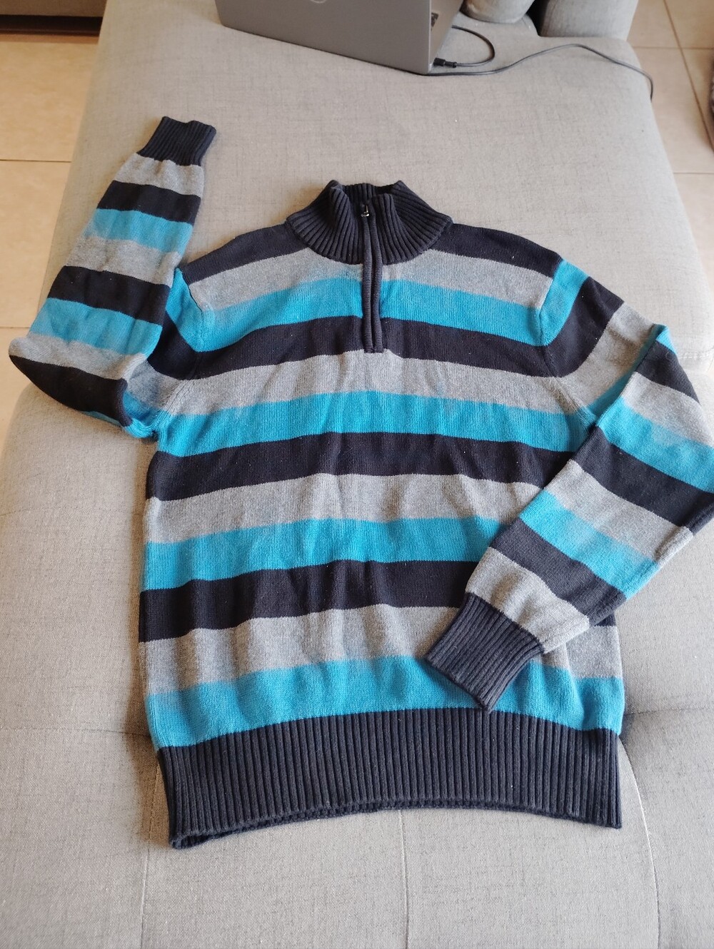 Carbon Men's Quarter-Zip Striped Knit Sweater - Size L - Charcoal Grey / Teal Bl
